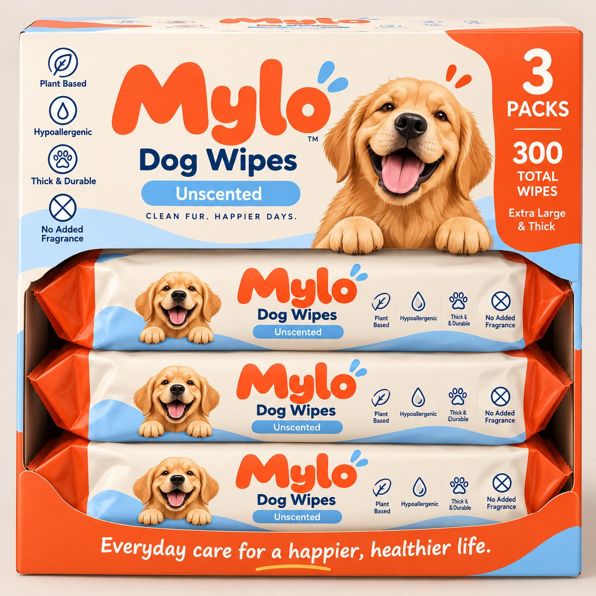 Mylo Dog Wipes 3 Packs, 300 total wipes